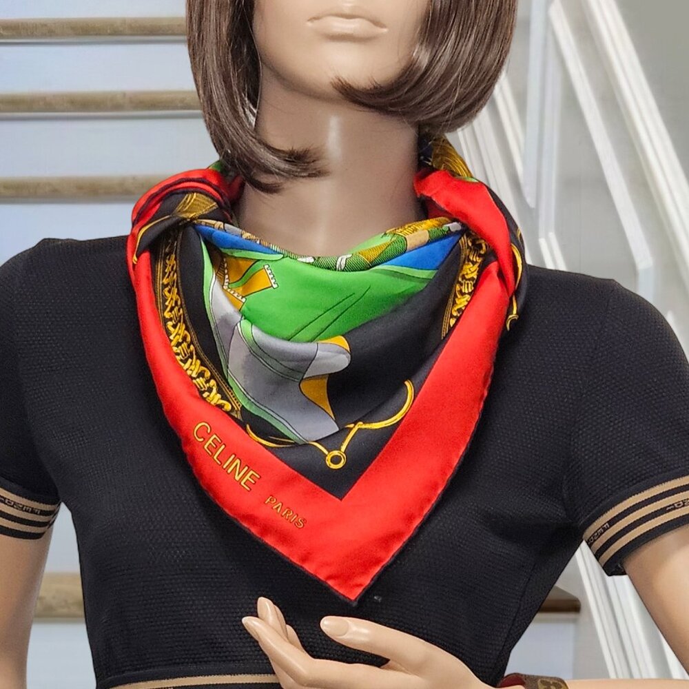 CELINE Paris 𝟏𝟎𝟎% Silk Scarf – Heraldic Crest Design